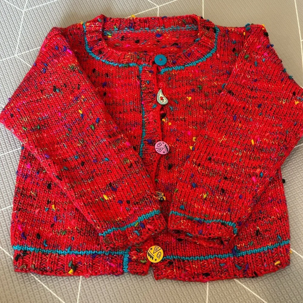 Handknit Kids Red Button-Up Sweater with Multicolor Accents, Size 10 Kids